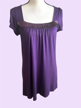Soprano Y2K Purple Sequin Square Neck Tunic Top Puff Sleeve M